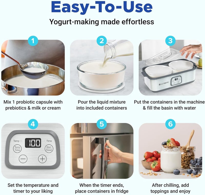 Ultimate Probiotic Yogurt Maker with Adjustable Time & Temp Control - Make Trillions of Live Probiotics with Two 1-Quart Containers for Larger Batches - Greek Yogurt Maker - LIFETIME WARRANTY - Image 3